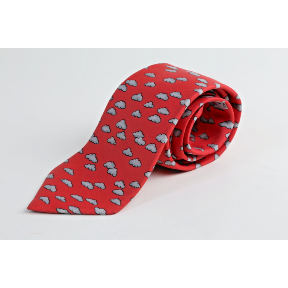 Vintage Hermes Silk Tie Red Grey Cloud Pattern Made in France Luxury